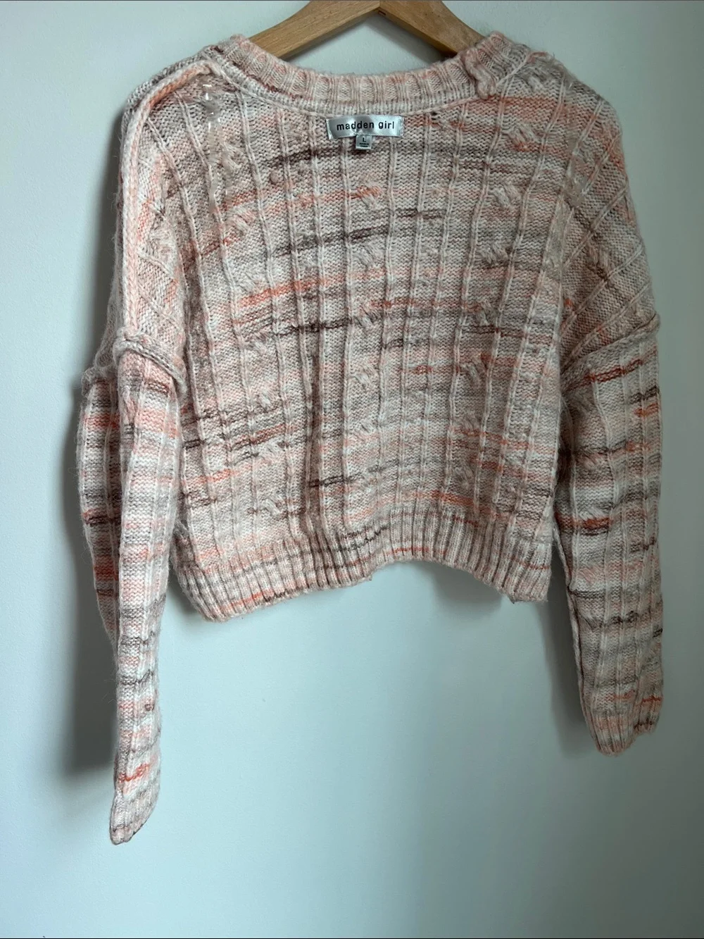 Madden Girl | Pink Brown Coral Cream Cropped Cable-Knit Sweater Size L